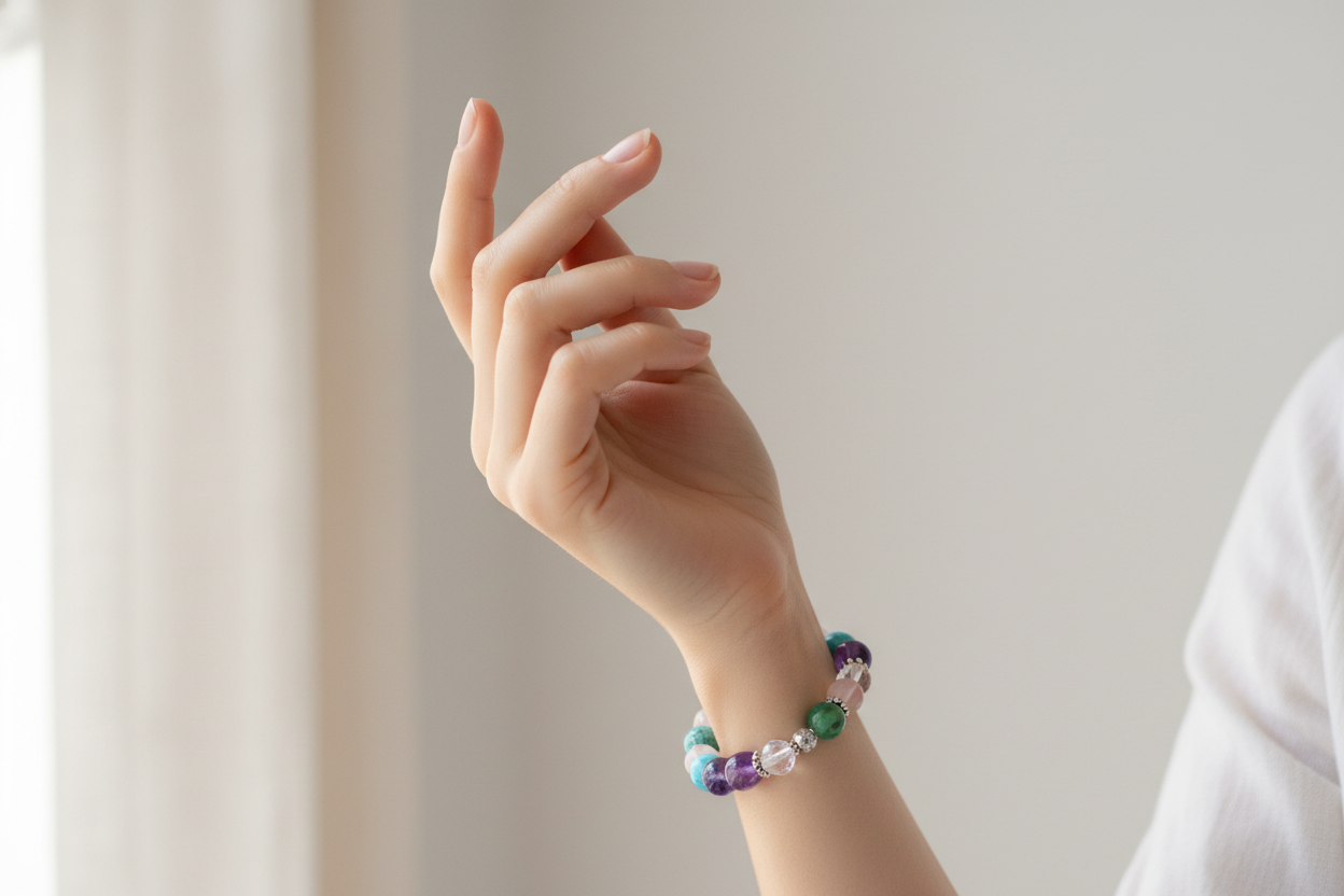 一只很漂亮的手带着能量手链