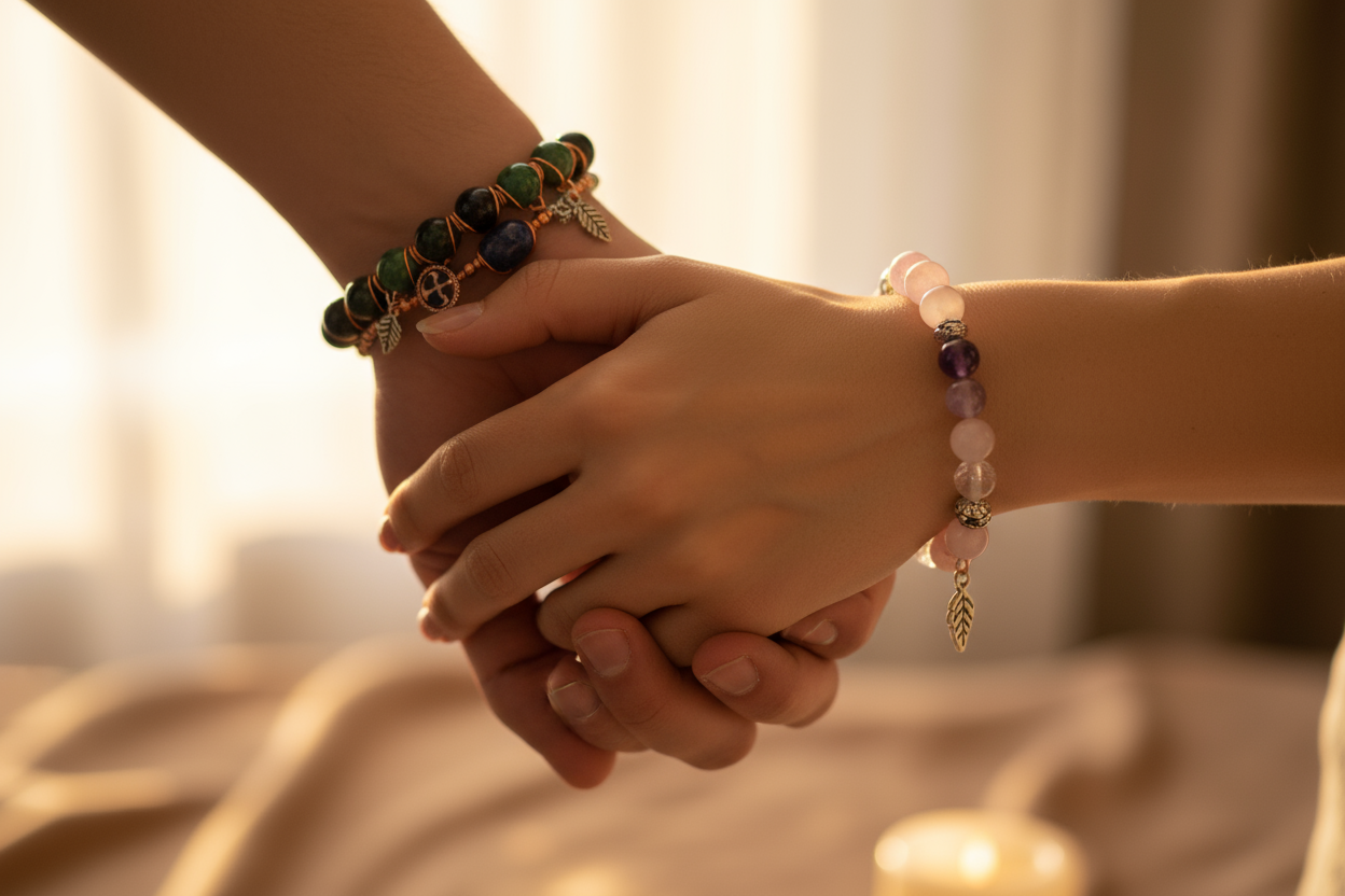 一只男的手一只女的手，牵在一起，手上都戴着能量手链